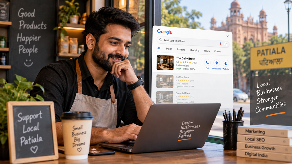 Local business owner using a laptop to improve online visibility through local SEO in Patiala